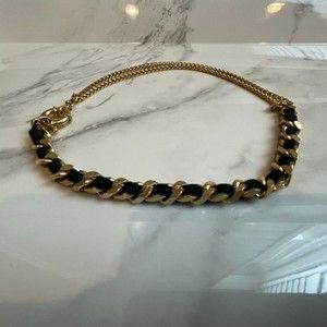 Gold Tone Necklace with Interwoven Black Leather Detail